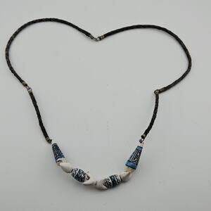 Vintage Painted Bead Shell Necklace On Woven Cord Black White Islander Surfer
